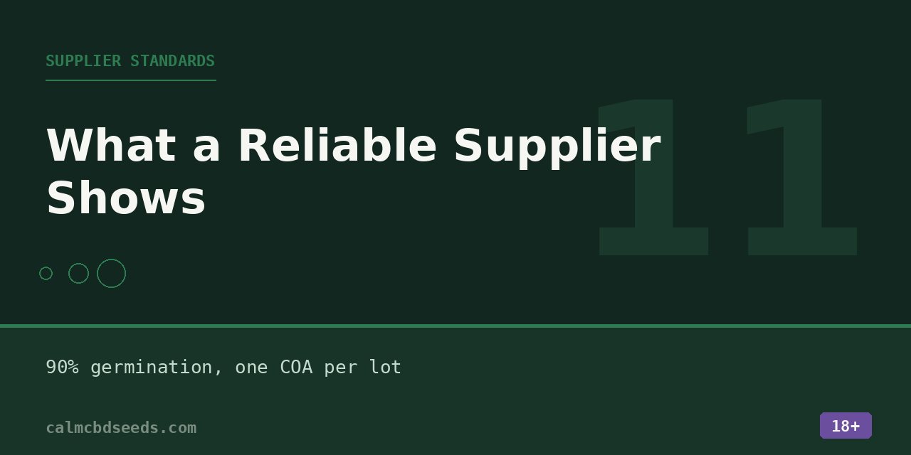 Section card headed Supplier standards, citing a 90 percent germination floor and one certificate of analysis per lot